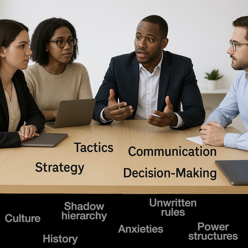 Business people meeting and talking about above the surface issues while the below the surface items go unseen.